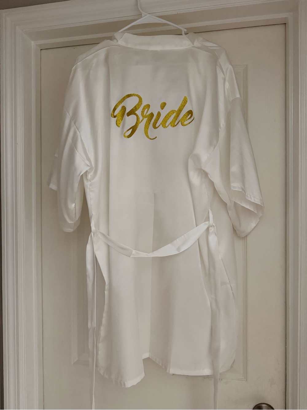David's Bridal White Satin Bride Robe with Gold Script